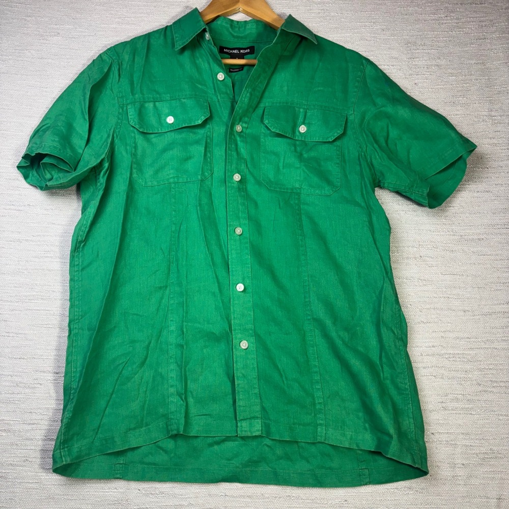 Michael Kors Mens Green 100% Linen Short Sleeve Tailored Fit Button Up Shirt S